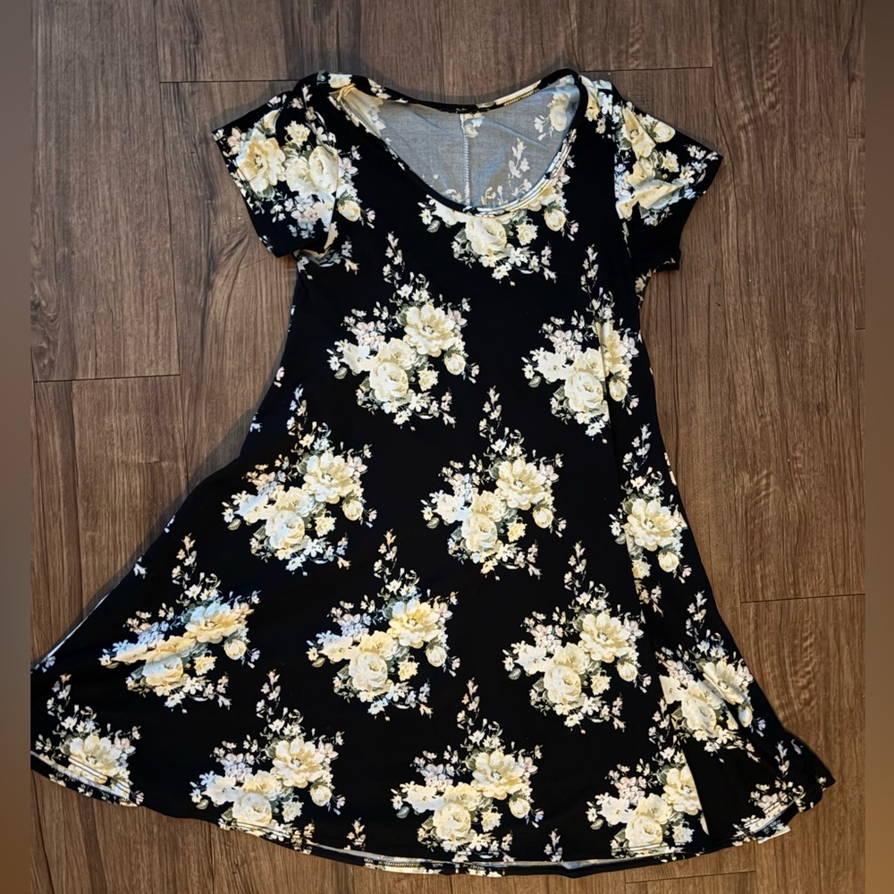 Floral Black and Cream A Line Skater Dress- Large